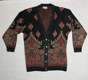 CST Studio Cardigan Sweater Sz 44 Metallic Lurex Black Red Gold Paisley Long